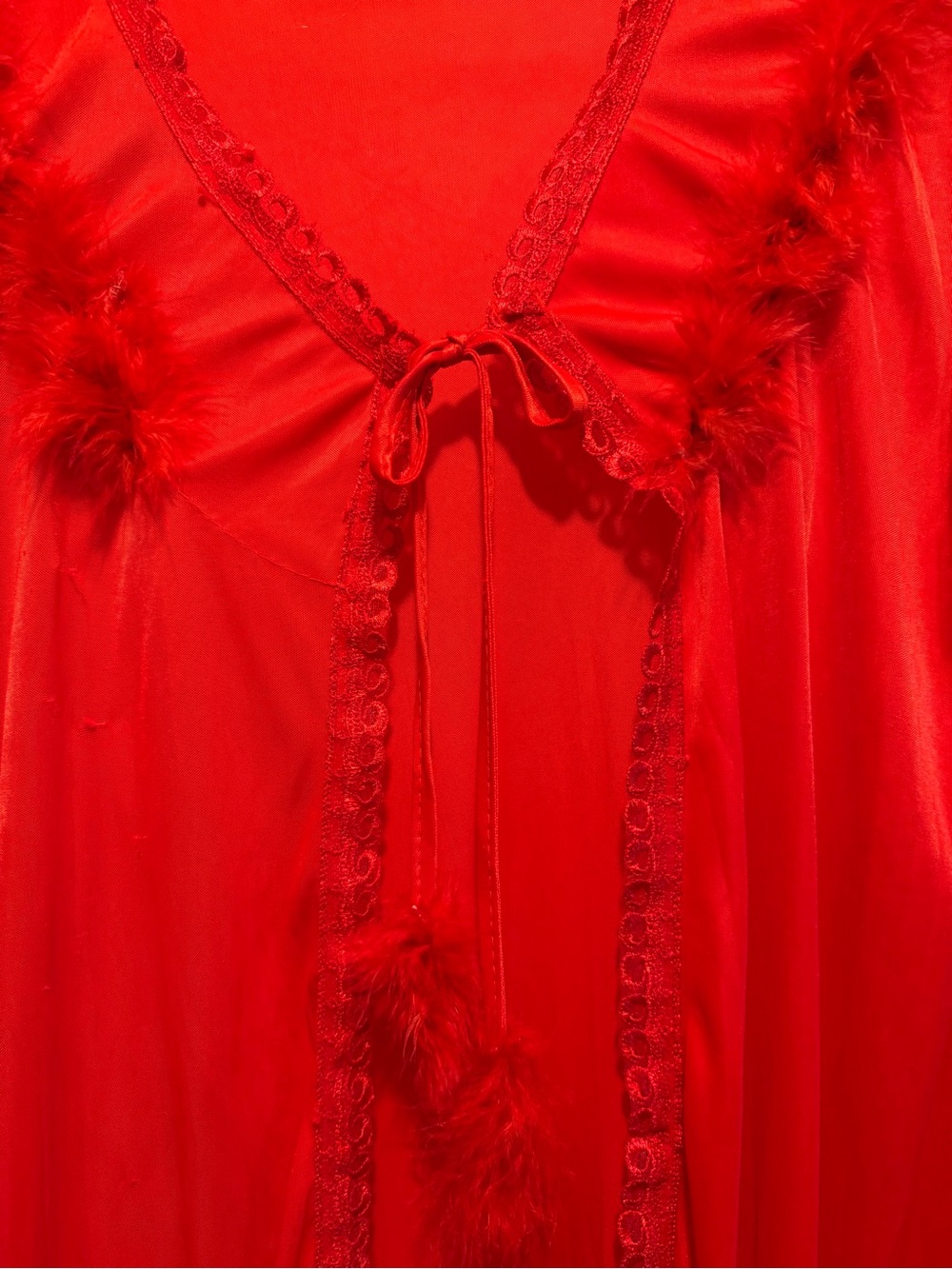 Classic Red Lace-Trim Robe with Feather Pom Detail